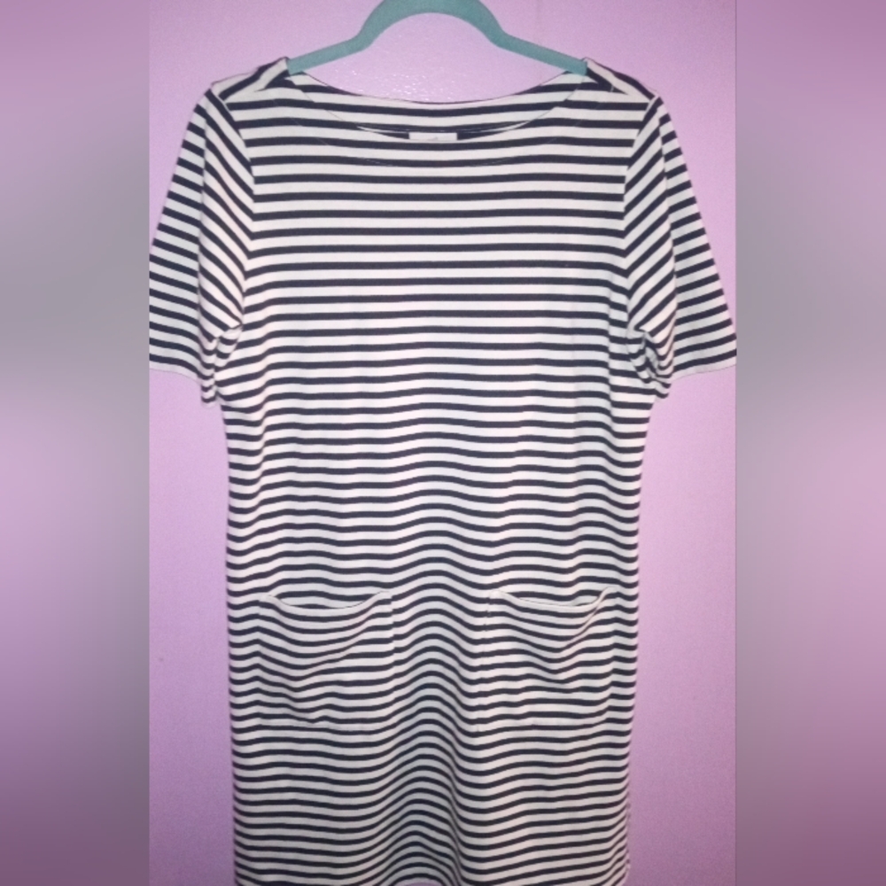 J Jill Knit Shift Dress Womens Sz Medium Pocket Front Navy White Striped